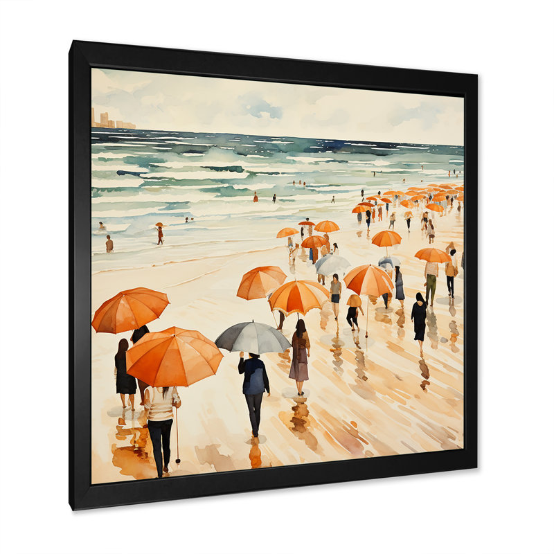 «Umbrella Beach Day Tranquitt I - Beach People», art mural, Cadre simple noir, H 30 po x l 30 po x P 1,5 po