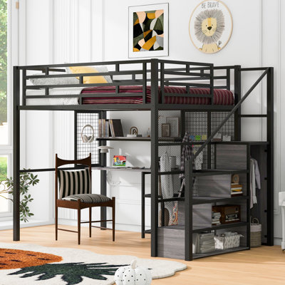 Full Size Metal Loft Bed With Wardrobe, Desk, Storage Shelves by Trule