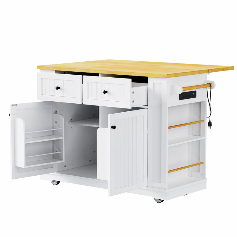 Kitchen Island With Drop Leaf And Power Outlet, Rolling Kitchen Storage Cart For Kitchen, Dining Room, White