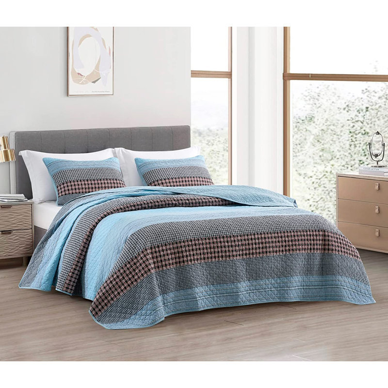 Red/Blue Pre-Washed Cotton Striped Quilt Set, King Quilt + 2 King Shams