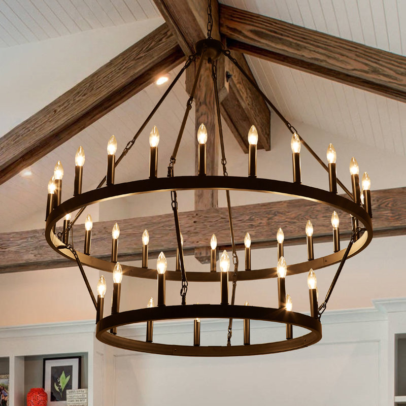 48in 2-Tier 36-Light Large Black Farmhouse Wagon Wheel Chandelier for High Ceilings, Foyer, Entryway, Dining Room, Living Room