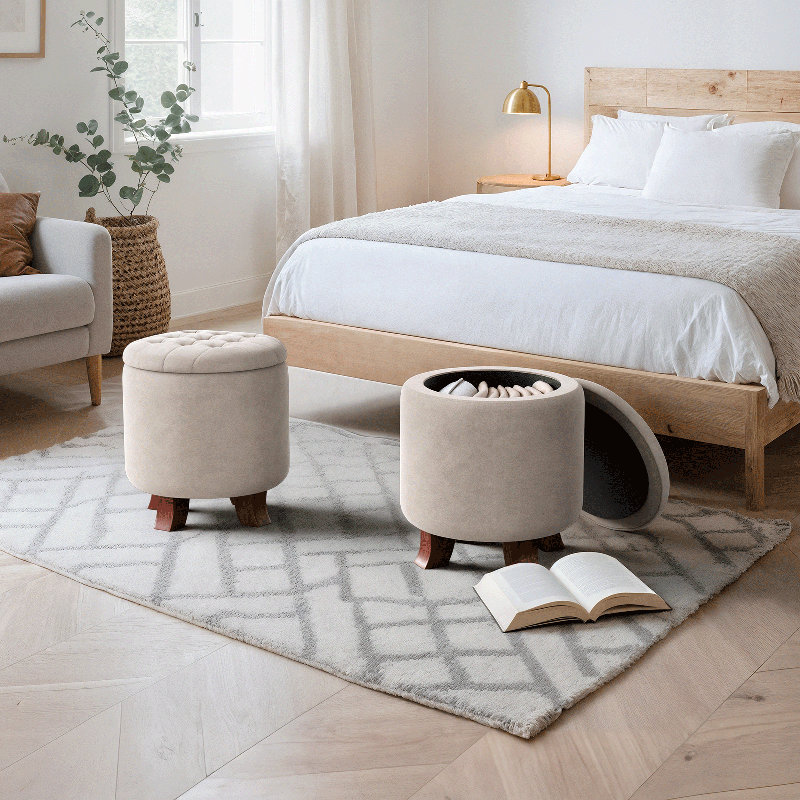 Upholstered Storage Ottoman Bench Button Tufted Round Ottoman Footrest Stool for Living Room Bedroom, Beige