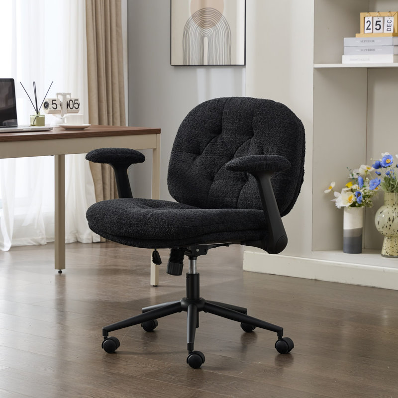 Cross-Legged Wide Seat Office Chair with Flip-Up Armrests, Swivel Wheels & Adjustable Height, Black, Black