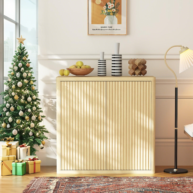 34.6" Fluted Sideboard Buffet Cabinet with Double Pop-Up Doors, 3-Tier Storage, 2 Adjustable Shelves, Modern Kitchen Buffet Console for Dining Room, Entryway, Corridor, Living Room