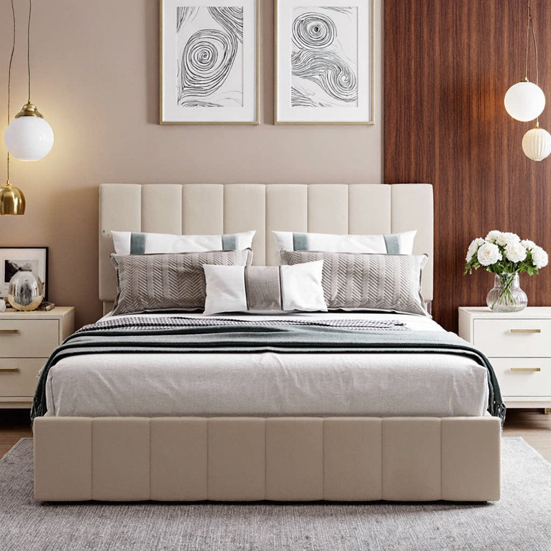 Grand lit plateforme en lin beige avec système de rangement hydraulique, Beige, Grand lit