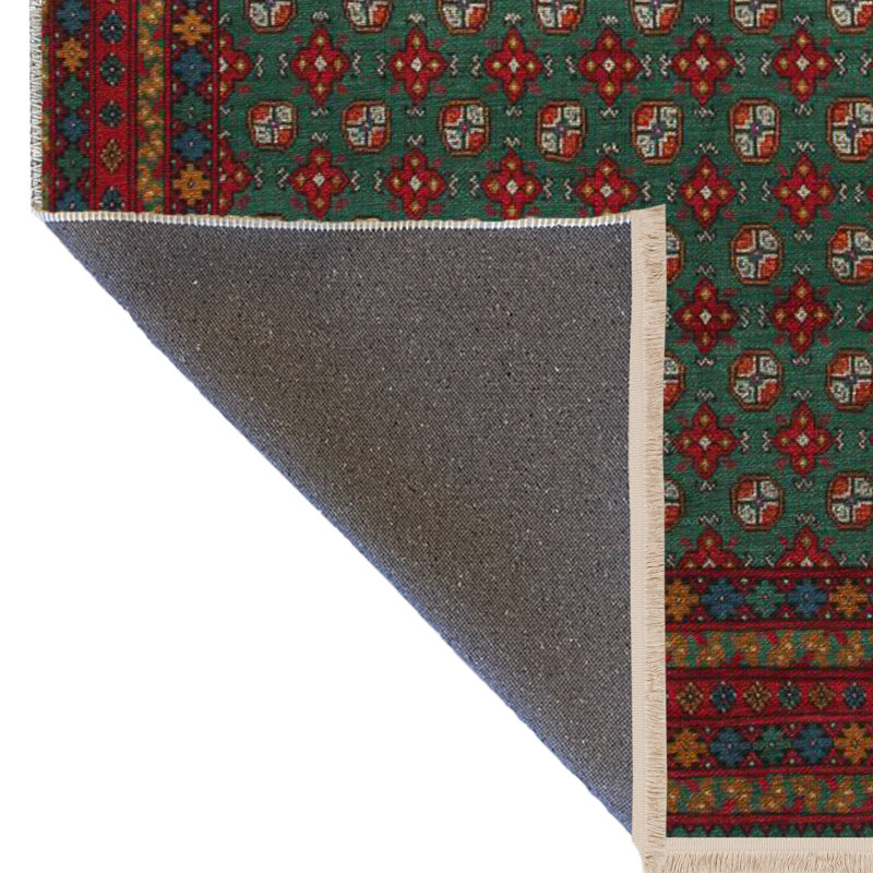 Tapis décoratif à motif frangé à motif traditionnel vert foncé et rouge foncé, Rectangle 5 pi 1 po x 7 pi 7 po