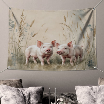Two Piglets In Field Wall Tapestry - Piglets Wall Decor