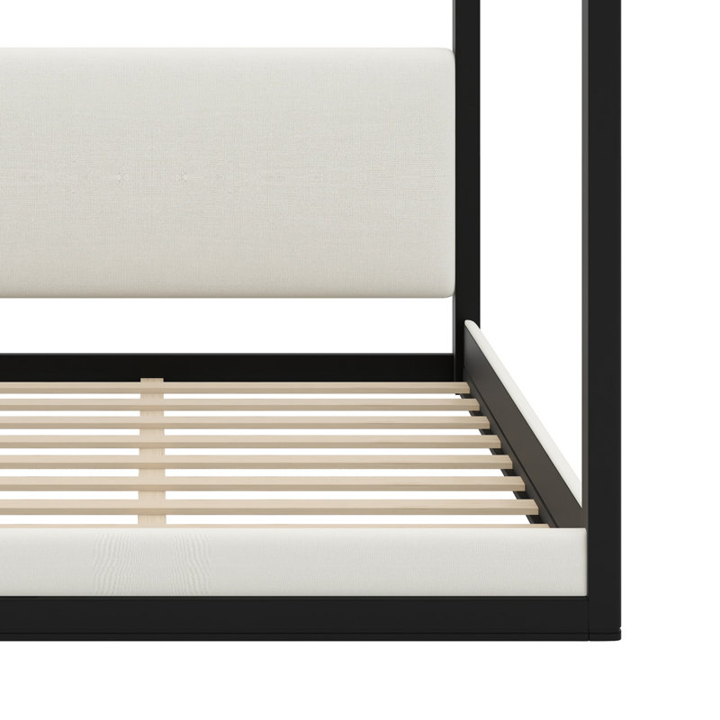 Lit plateforme moderne à baldaquin en bois, tête de lit tapissier pour un sommeil confortable, Très grand lit, Noir et blanc