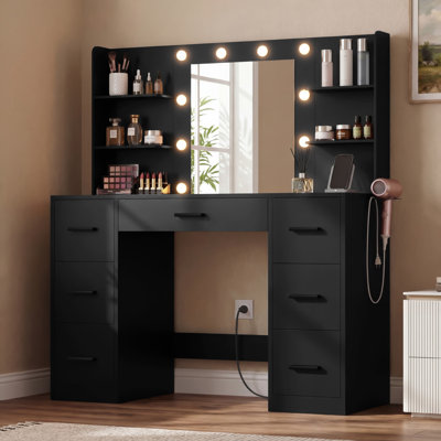 Makeup Vanity With Led Lighted Mirror And Built-In Power Supply