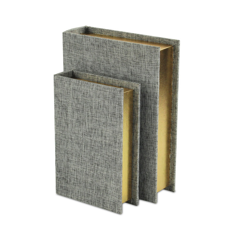 Gray Fabric Lidded Book Box Set with Gold-Finished Pages