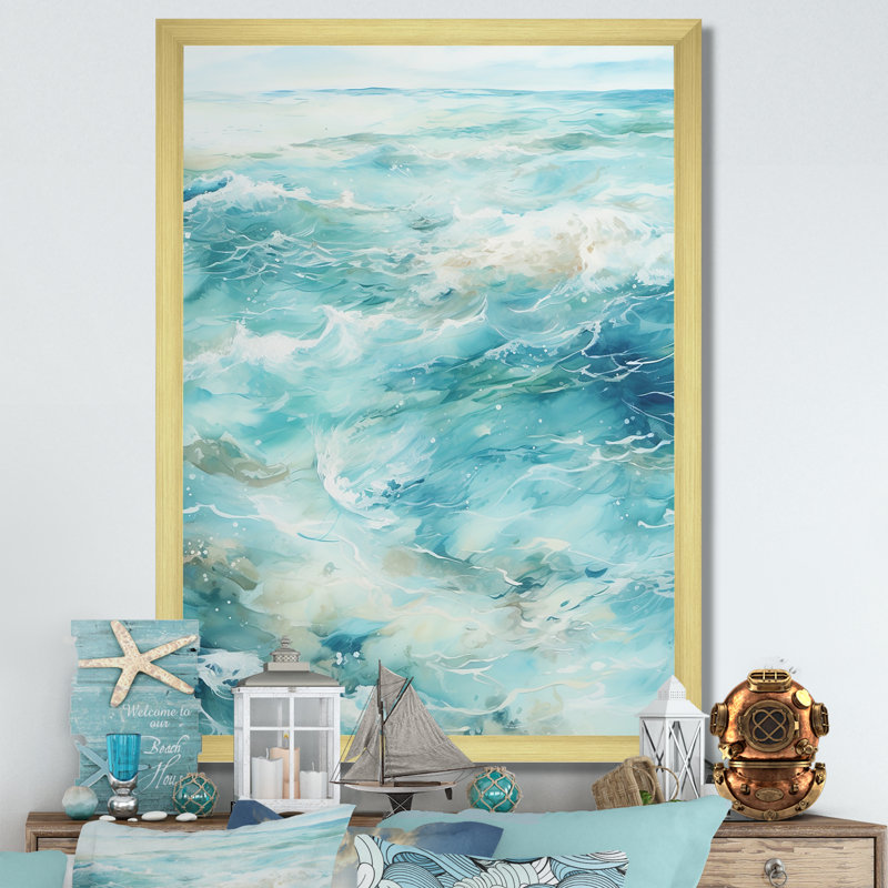 «Ocean Minimal Waves Charm II», reproduction sur toile, Cadre doré simple, H 32 po x l 24 po x P 1 po
