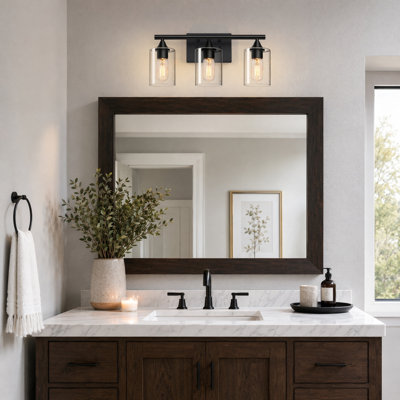 Applique murale à 3 lumières pour meuble-lavabo noir mat, applique industrielle en métal avec abat-jour cylindrique en verre transparent, applique murale pour salle de bain (sans ampoule)