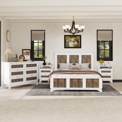4-Pieces Bedroom Sets, Queen Size Farmhouse Platform Bed With Wooden Strip Stickers Decoration, Storage Nightstand And Dresser With Metal Handle, White(Old SKU: HL000191AAK)