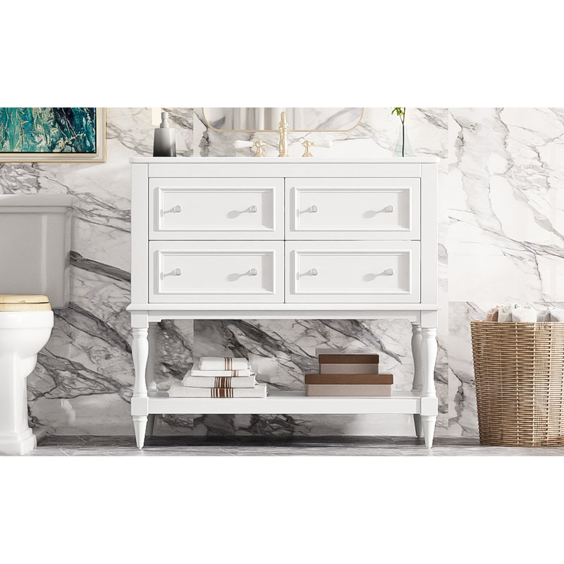 Meuble-lavabo blanc avec lavabo - 36 po, structure en bois massif, 4 tiroirs, lavabo encastré en céramique, lavabo à tiroir fonctionnel blanc, spacieux