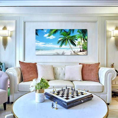 Beach Painting Blue Ocean Picture Canvas Wall Art Tropical Palm Tree Modern Landscape Artwork Framed Large Size For Living Room Bedroom Bathroom Dinning Room Home Office Wall Decor, 48"X24"