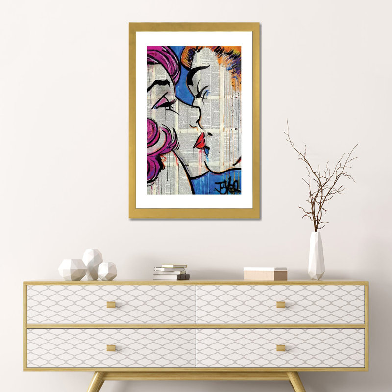 « True pop Kiss » par Loui Jover-impression d’art graphique, H 24 po x l 16 po x P 1 po, Papier encadré doré, Blanc