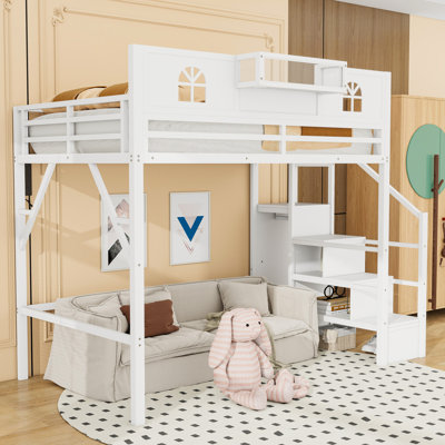 Metal Loft Bed with Storage Stairs and Wardrobe, USB Charging Station and LED Lights