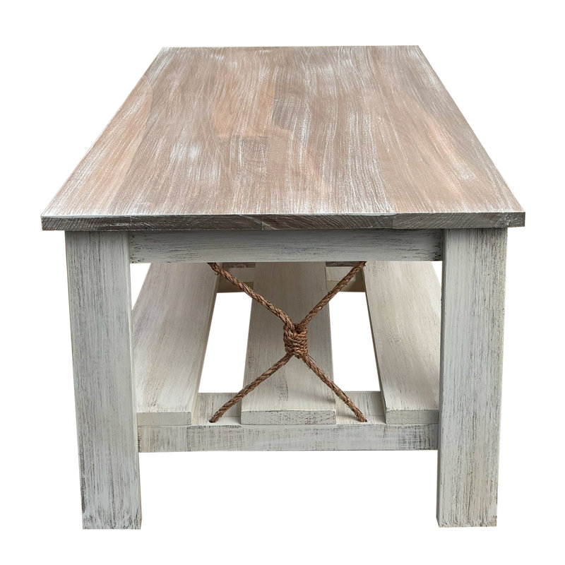 Straight Leg Wood Coffee Table w/ Weathered Knotted Rope Accent, Gray