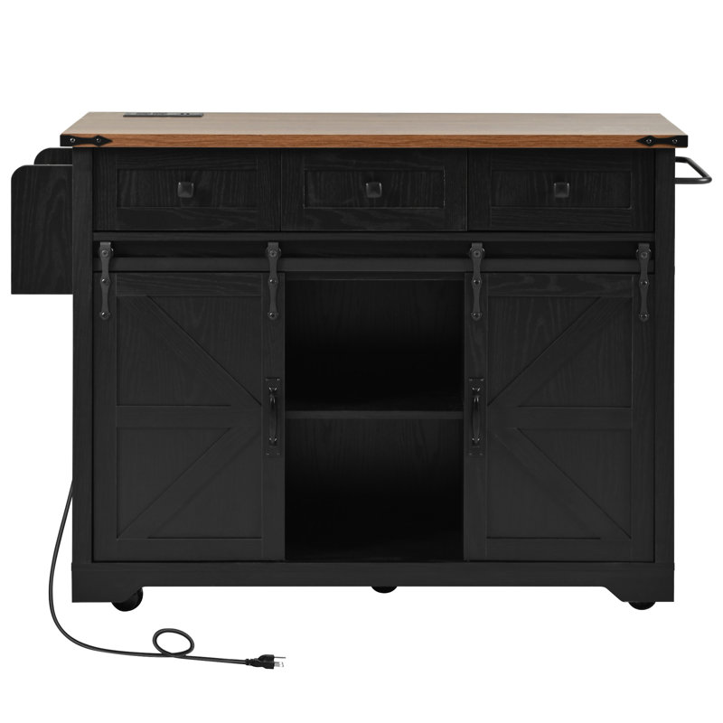 53.7" Farmhouse Kitchen Island With Power Outlet, Black