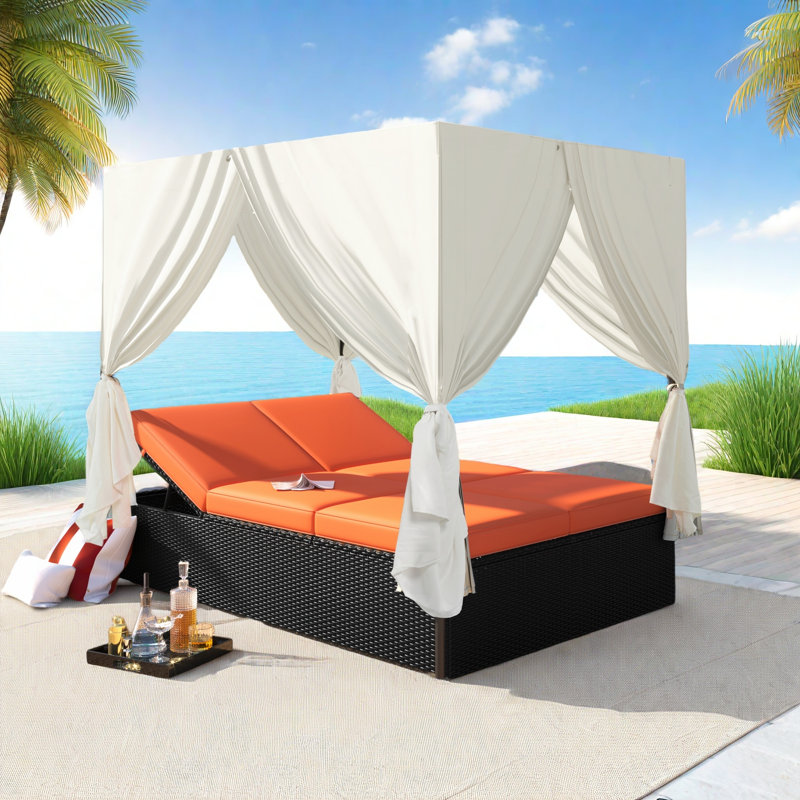Lit de jour d'extérieur en osier avec coussins et sièges réglables pour patio, Orange/beige