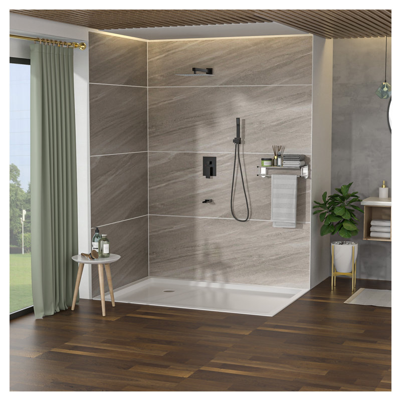 Système de douche bronze huilé avec bec de baignoire en cascade, pomme de douche carrée de pluie de 10 pouces, douchette à main et valve brute à pression équilibrée