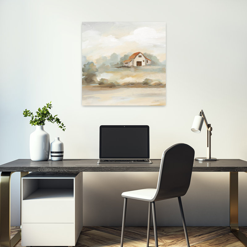 Art rétro, paysage de ferme avec grange, H 18 po x l 18 po