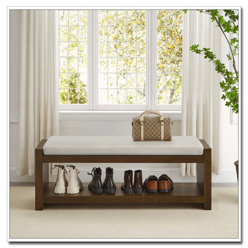 Banc de rangement à structure en bois avec coussin amovible, tablette inférieure, Beige