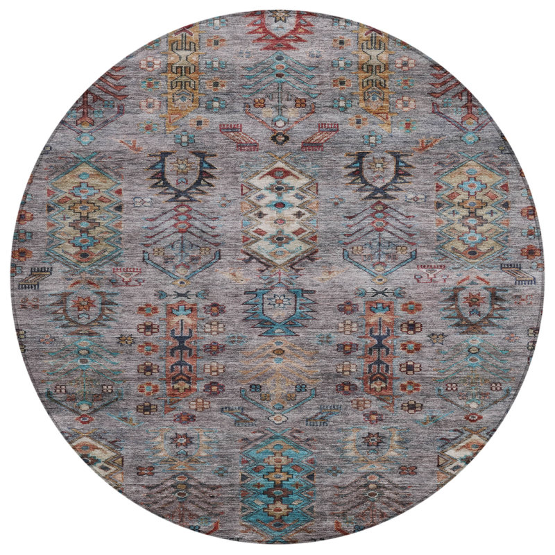 Machine Washable Indoor/Outdoor Xhevrie Gray Rug, Round 8'