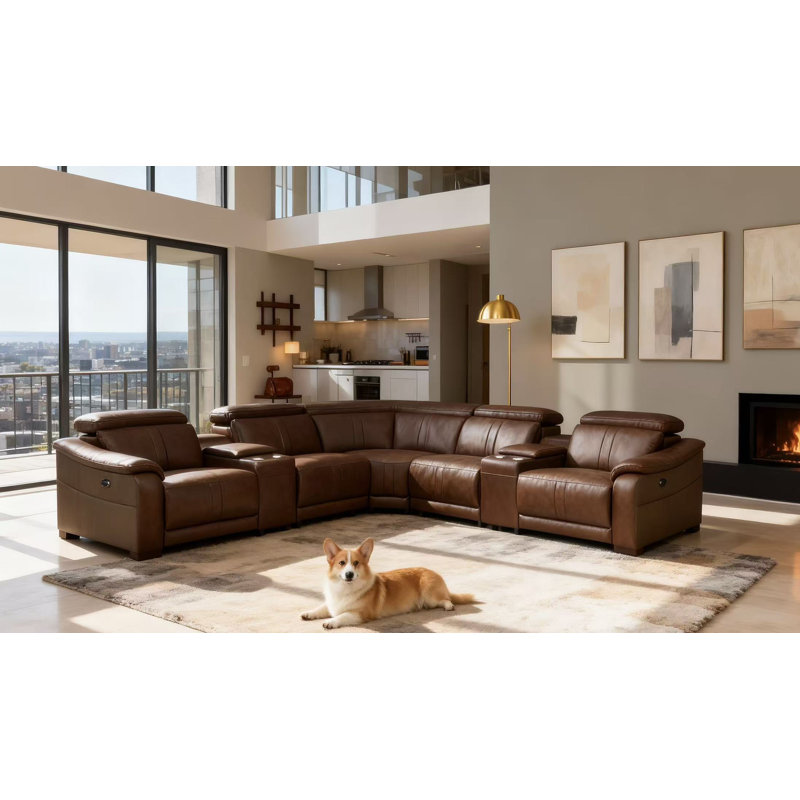 Berkhamsted Leather Recliner Theater Set, Dark Brown Wood, Dark Brown Leather Match