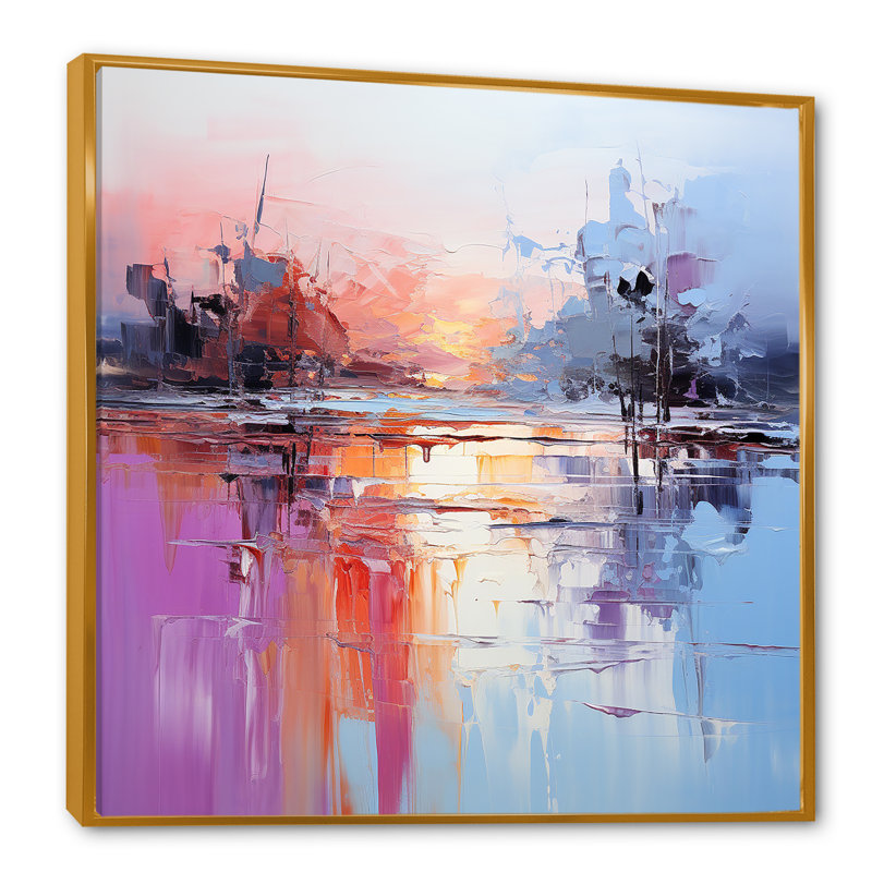 «Mauve et bleu», impression d'art mural abstrait, Cadre flottant doré, H 36 po x l 36 po x P 1,5 po