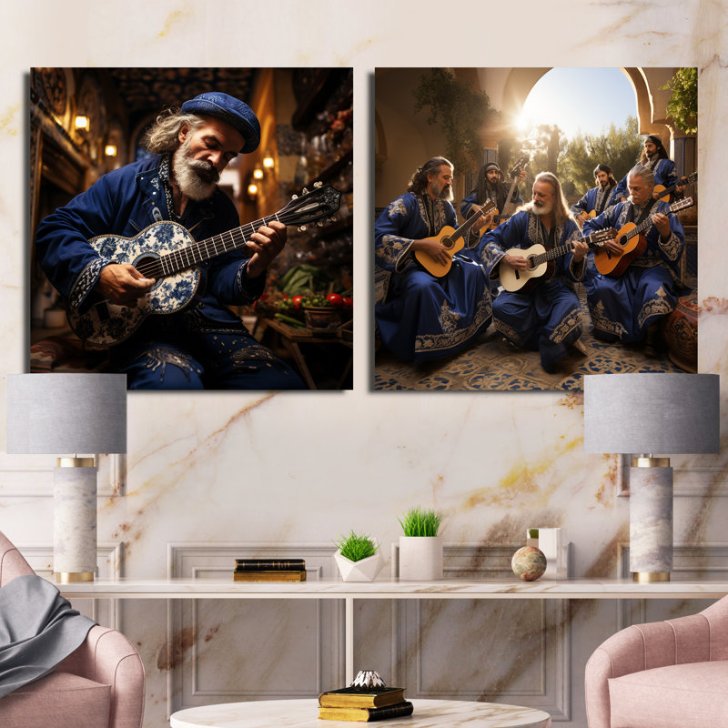 Judaïsme, guitare sépharade, ensemble de 2 collages carrés, H 30 po x l 61 po, Toile tendue
