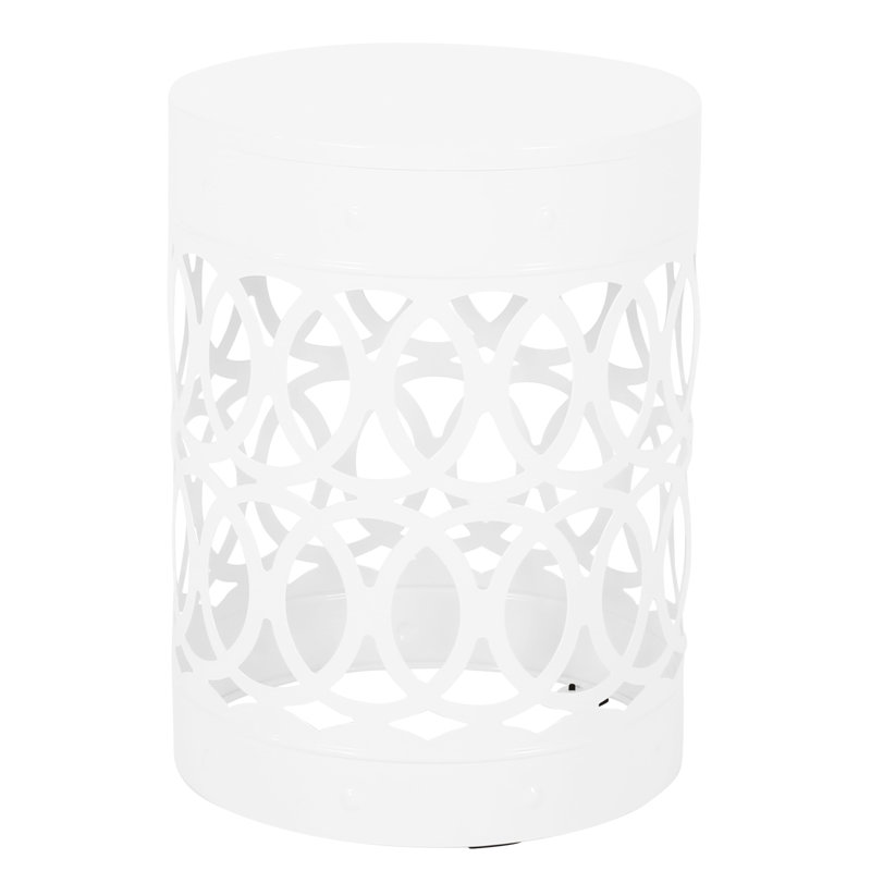 Modern Iron Outdoor End Table, Large, White, With Robust Construction Large White Metal Side Elegant Cut Feature, White