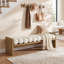 Banc de 59 po en bois pour l'entrée avec coussin bouclé, banc rembourré en tissu, grand repose-pieds ovale et esthétique pour le salon, le couloir