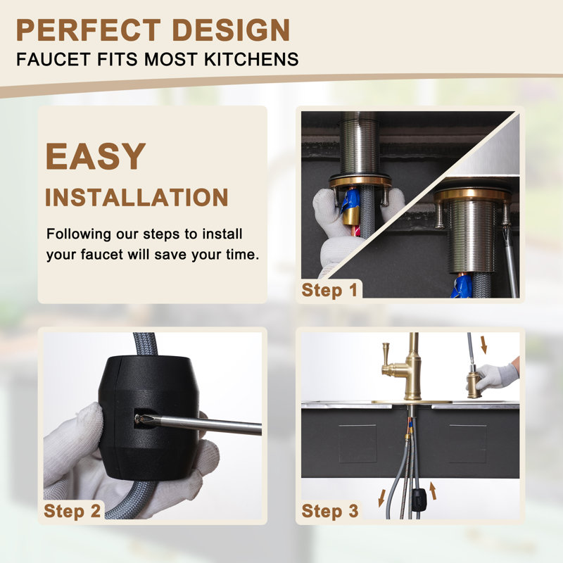 Brushed Gold Single Handle Pull-Out Kitchen Faucet with Deck Plate