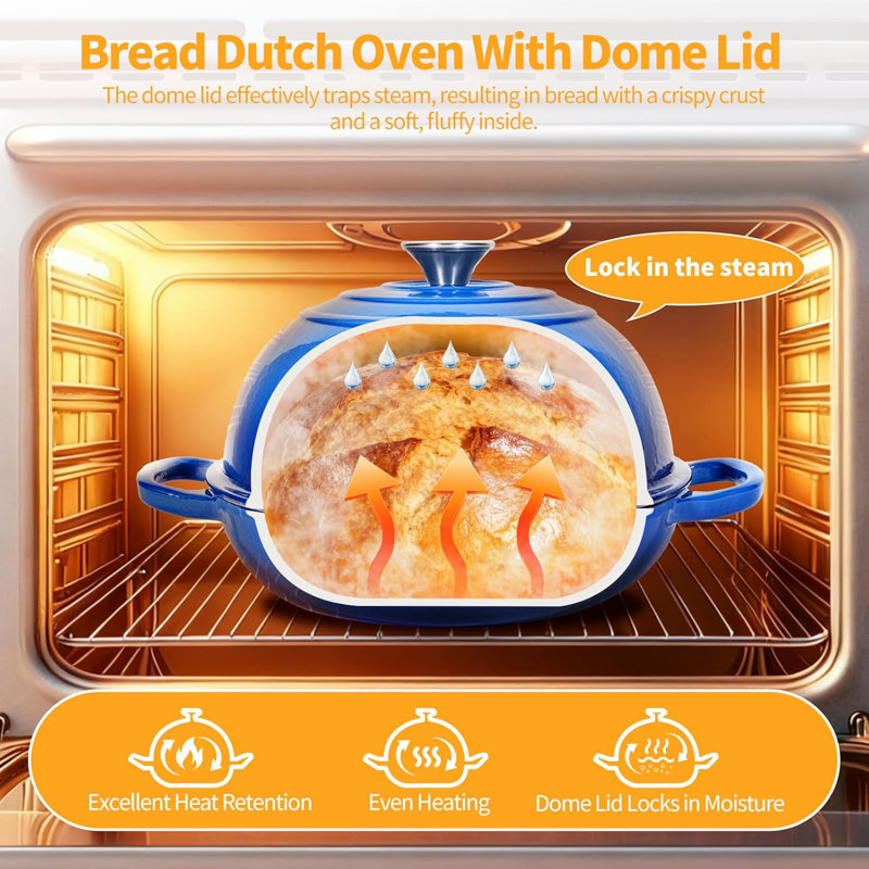 6-Quart Enameled Cast Iron Bread Dutch Oven - Domed Steam Baking Cloche for Sourdough & All Stovetops