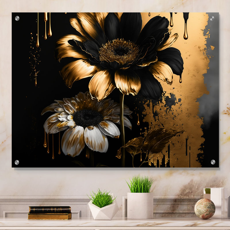 «Black and Gold Daisy II» - Art mural acrylique marguerite, H 30 po x l 40 po