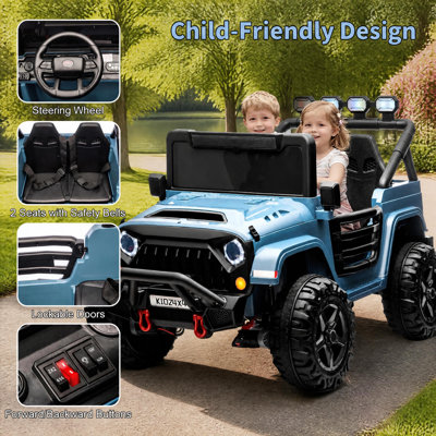 Camion pour enfants 2 places 24V, voiture électrique 4 x 4 avec télécommande pour les parents et ceintures de sécurité à 3 points pour jouer dans la cour et l'allée