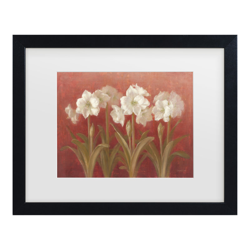 «Danhui Nai White Amaryllis on Red Matted», art encadré, H 13 po x l 16 po, Cadre noir