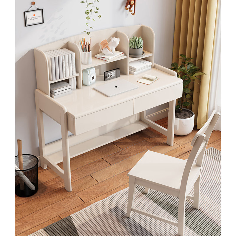 Solid Wood Desk with 2 Drawers and Built-in Bookshelf, 46.1" H x 39.4" W x 22.8" D