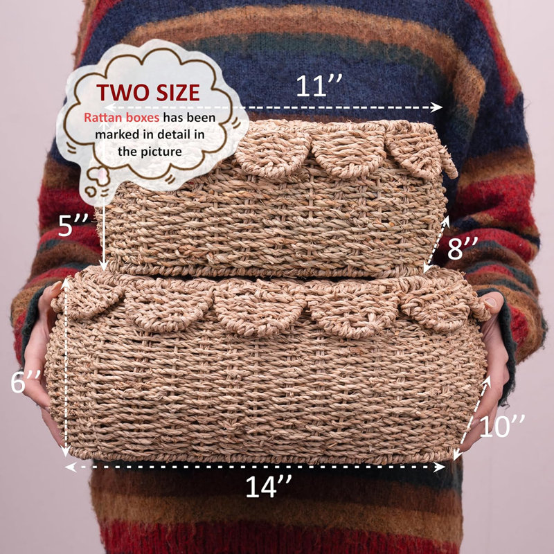 Set Of 2 Hand Round Wicker Storage Baskets, Rattan Basket Decorative Boxes, Woven Storage Box Seagrass Baskets With Lids, Scalloped Edge Wicker Basket With Lid