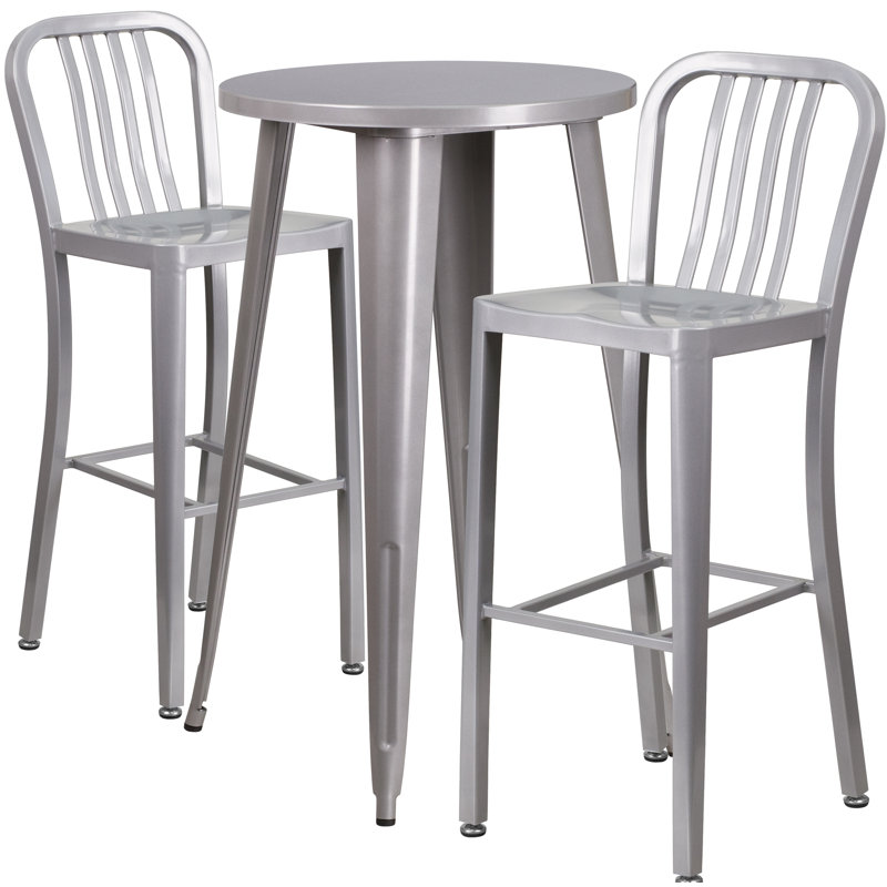 Drumfane 30'' Round Metal Indoor-Outdoor Bar Table Set with 2 Vertical Slat Back Stools, Silver, 30'' x 30'' x 41''