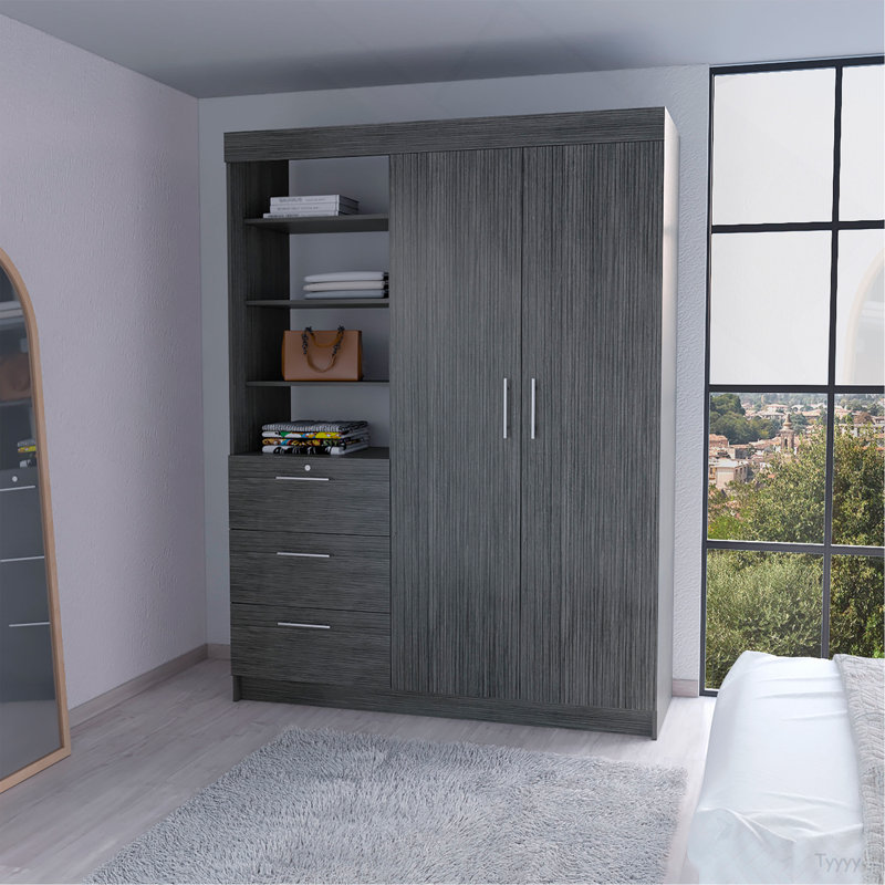 Armoire 3 tiroirs Tempe, tablette à 3 niveaux, 2 portes