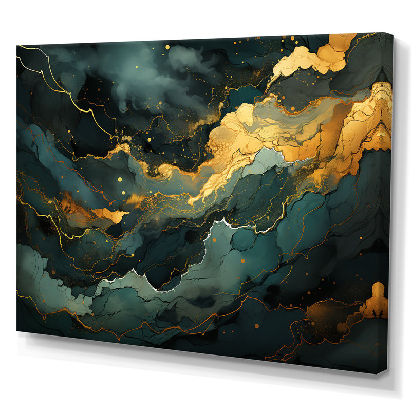 Décoration murale dorée et verte abstraite Aura III - marbre, Toile tendue, H 16 po x l 32 po x P 1 po