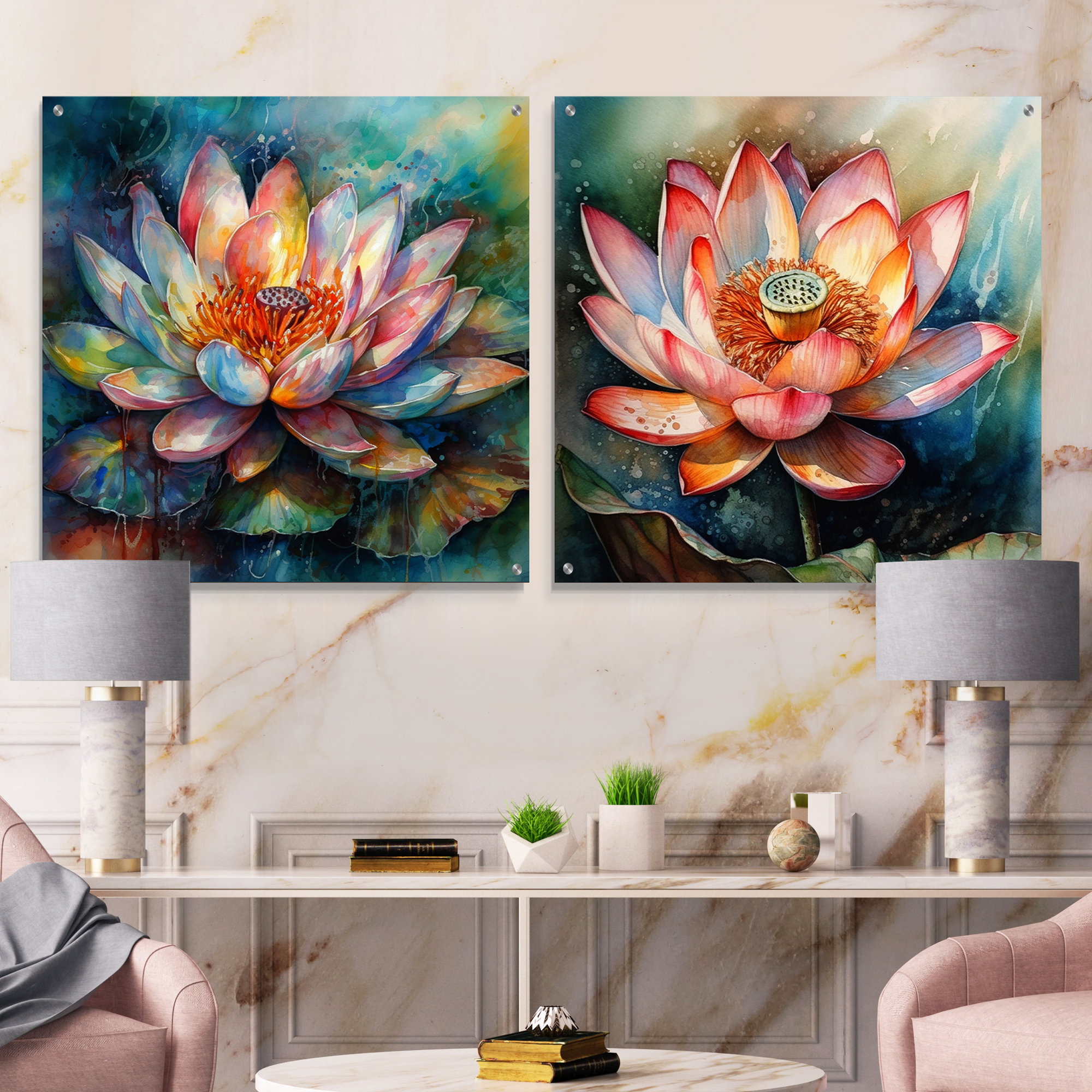 Design Art Pink Lotus Floral Dreams II - Lotus Acrylic Wall Art Glass ...