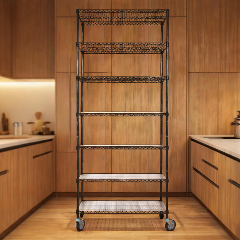 Étagère réglable à 7 niveaux en H 81,5 po x L 48 po x P 18 po, étagère de rangement robuste en noir de jais pour le rangement de placard de garage