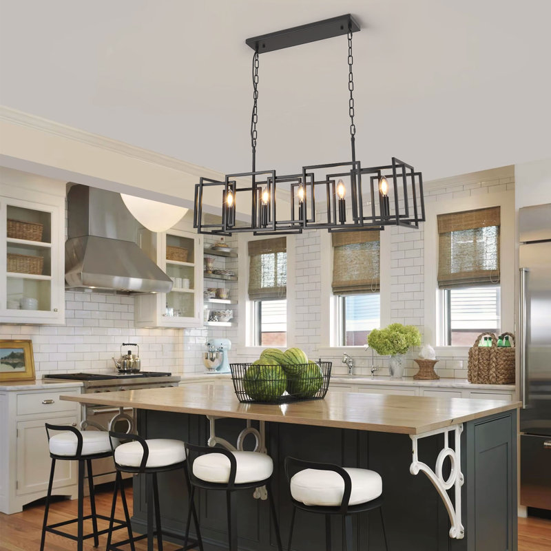5 - Light Black Industrial Linear Chandelier, Geometric Open Frame Kitchen Island Chandelier