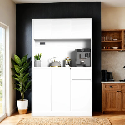 71" Tall Kitchen Pantry Cabinet, Kitchen Pantry Storage Cabinet With Power Outlet, Freestanding Kitchen Hutch With Countertop by Latitude Run