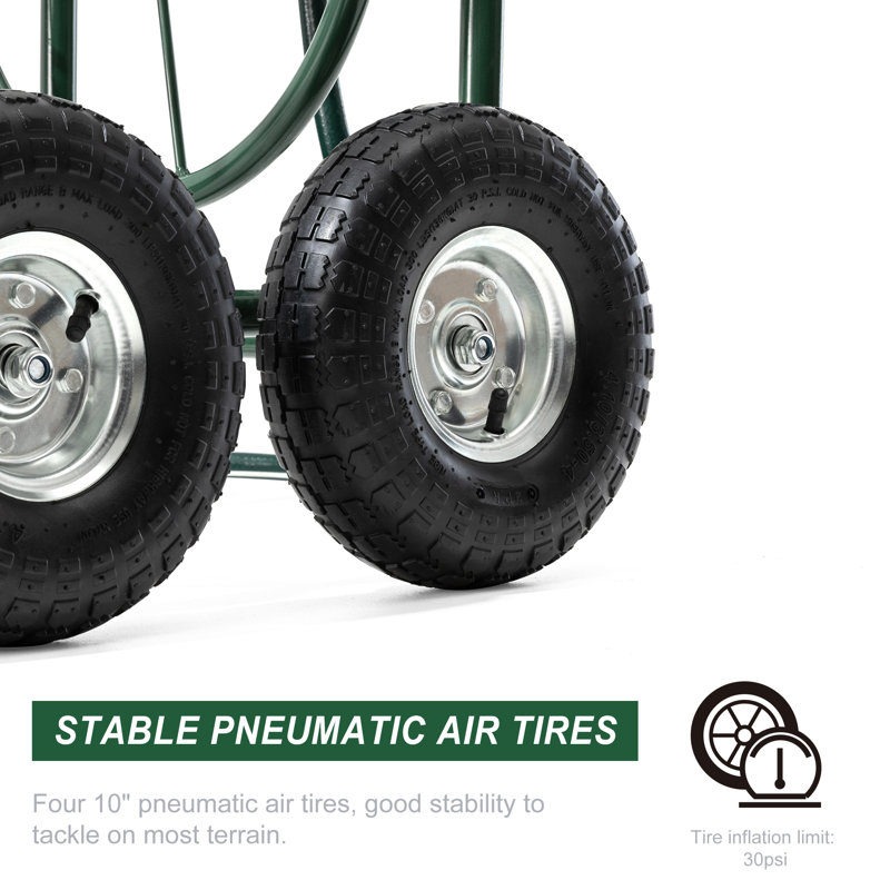 Green Steel 4-Wheel Garden Hose Reel Cart with Climate Resistant Finish