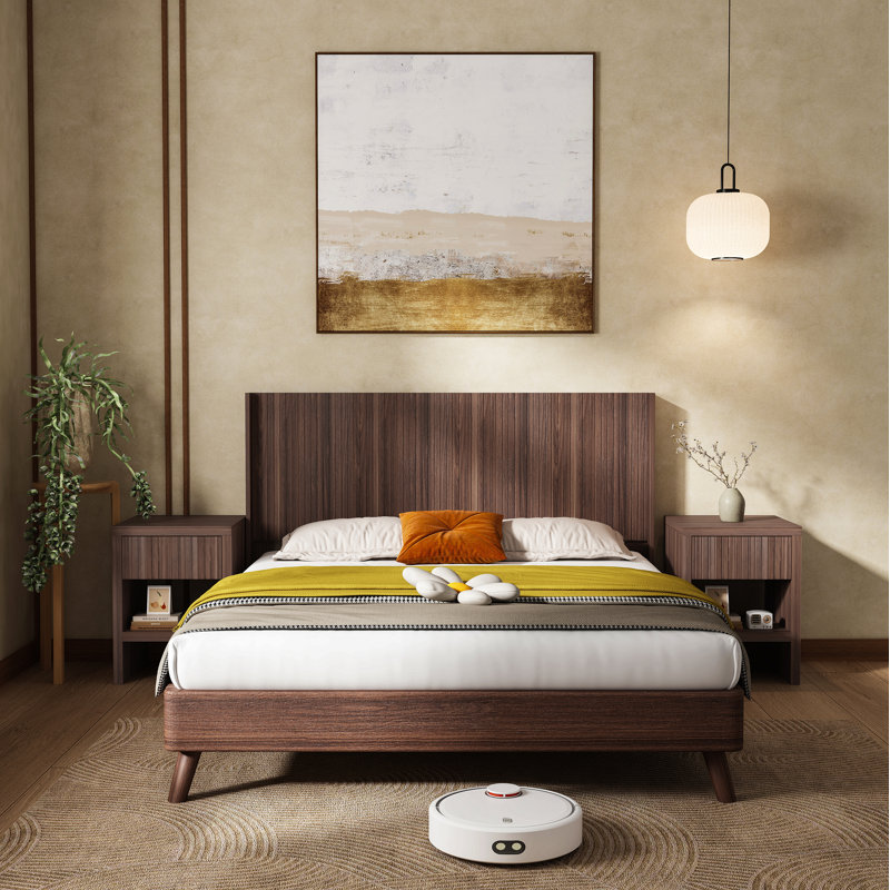 Modern Farmhouse Wood Headboard Wall Mounted Fluted Panel Wingback, Walnut Brown, King