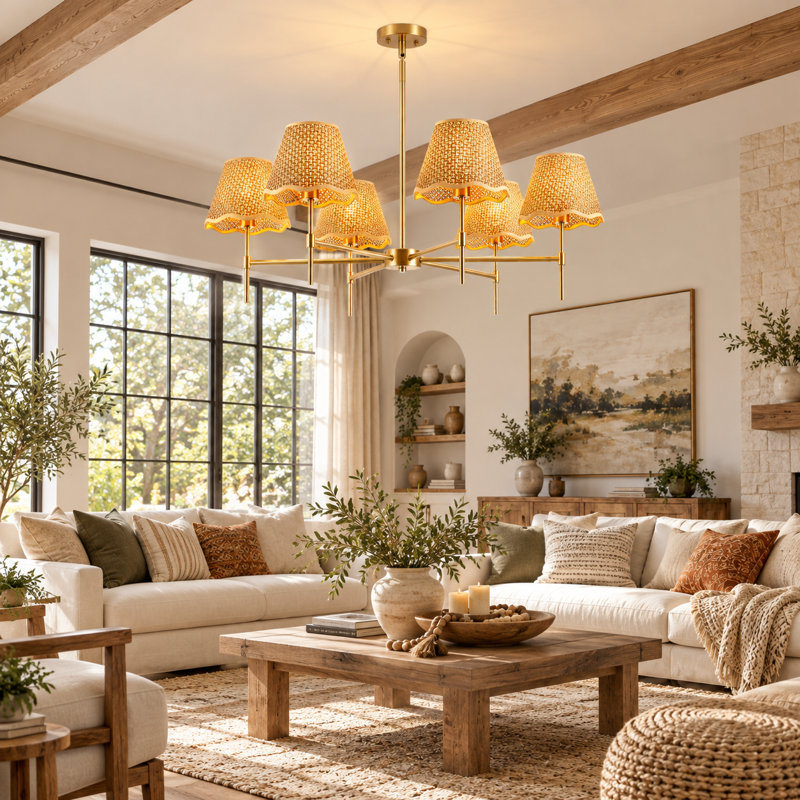 Lustre bohème en rotin doré à 6 lumières, suspension imposante de 95 cm (37,4 po) avec hauteur réglable, 6 lumières
